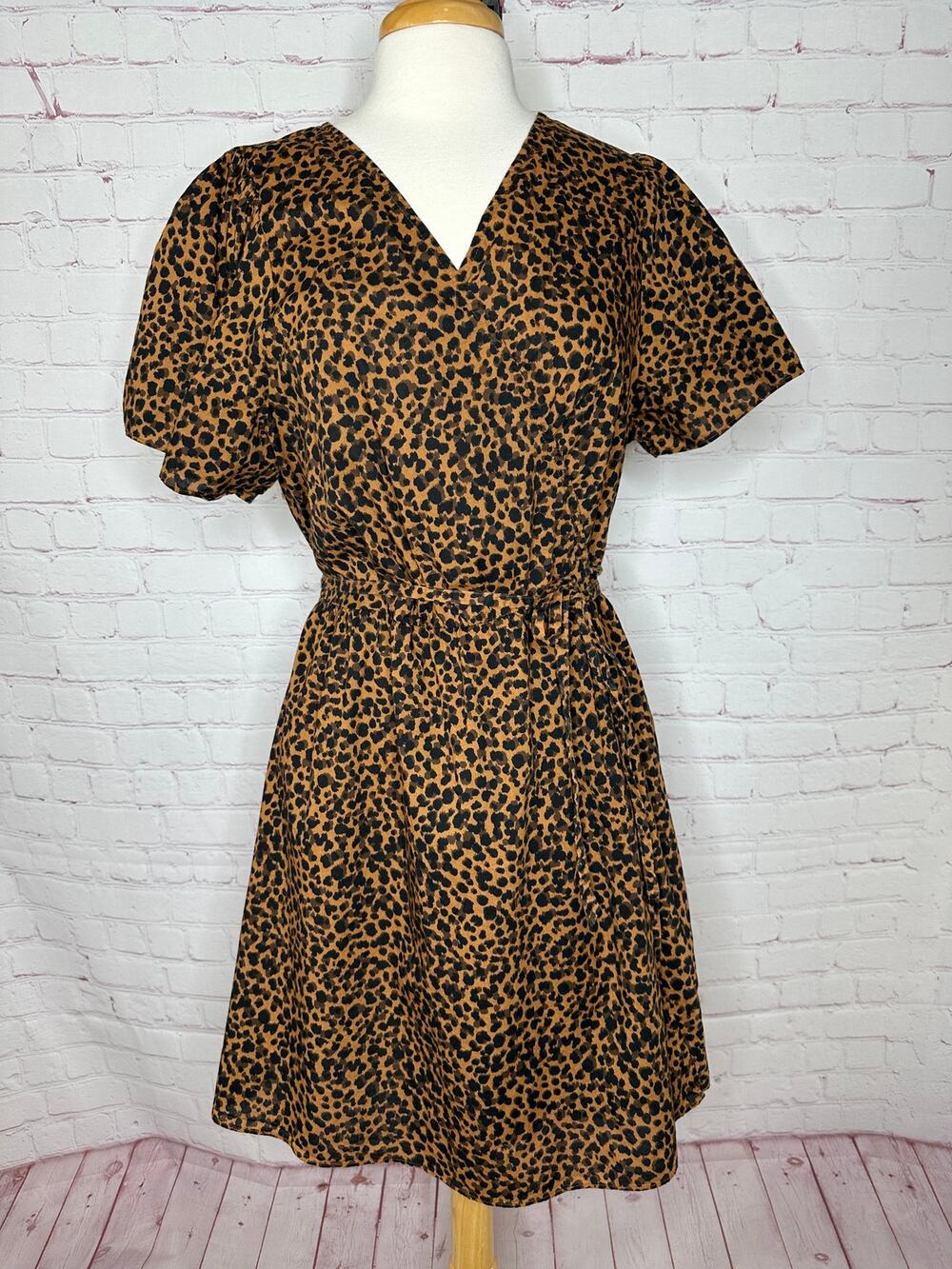 100% Cotton Madewell Leopard Print Mini Wrap Dress Women's XXL Brown Black